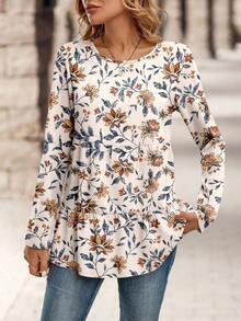 EMERY ROSE Damen Bluse mit Blumenmuster, Rundhalsausschnitt, langen Ärmeln und Rüschensaum, lässig, sommerlich, Boho-Stil, Tunika-Tops, Tunika-Bluse