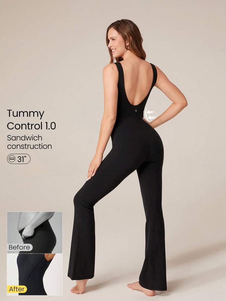 31" FeatherFit™ Tummy Control U-Back Square Neck Flare Jumpsuit Low Impact Yoga Pilates Daily Removable Cups