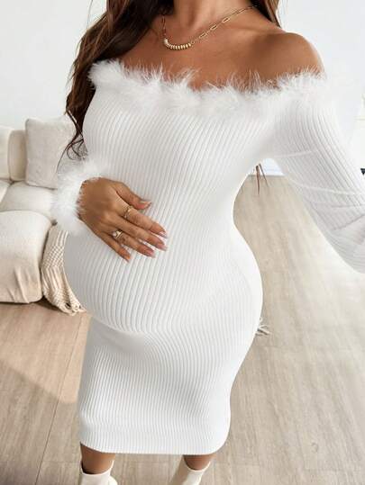 SHEIN Elegant Patchwork Faux Fur Trim Off Shoulder Bodycon Maternity Dress, Autumn/Winter
