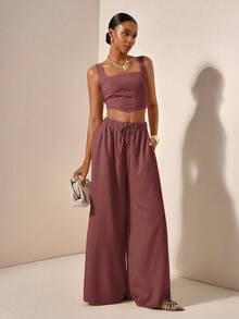 Zivah 新款春夏度假休闲鱼骨吊带上衣和阔腿裤两件套西装带口袋，纹理面料 - 款式B - 珊瑚粉 - 查看 4