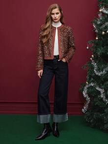 Maija Women's Fashionable Street Sequin Contrast Binding Open Front Coat Autumn For Women Halloween Costumes Christmas Women's New Year - Brown - View 5