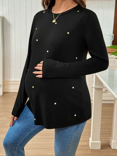 SHEIN Maternity Heart Print Loose Casual Long Sleeve T-Shirt Long Sleeve Black Top Sweater For Women Maternity Tops Pullover For Women Maternity Clothes Fall Winter