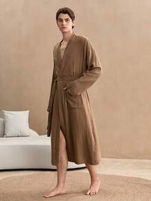 EverLounge 100%纯棉 Old Money 男士简约纯色纹理双口袋睡袍，秋季棕色长袍，适合度假和冬季穿着 - 棕色 - 查看 5