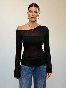 SHEIN Tall T-shirt noir d'automne basique sexy et chic pour femmes, couleur unie, col incliné, manches longues, top décontracté ample et transparent avec épaules dénudées, pour femmes grandes - Noir - Voir 4