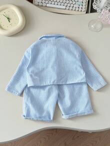 3 件套女婴条纹衬衫、松紧腰裤和吊带背心，春夏 - 藍色 - 查看 8