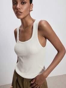 ATUI Studio 女士针织背心，蕾丝边方领无袖休闲百搭吊带背心，时尚百搭，休闲叠穿针织背心 - 米色 - 查看 3