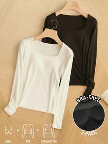 Tseoso 2 件黑色休闲长袖方领修身加厚长款 T 恤套装，不含胸罩，适合秋冬季，温暖、休闲、舒适别致、修身百搭，日常穿着，室内外均可穿着，复古，