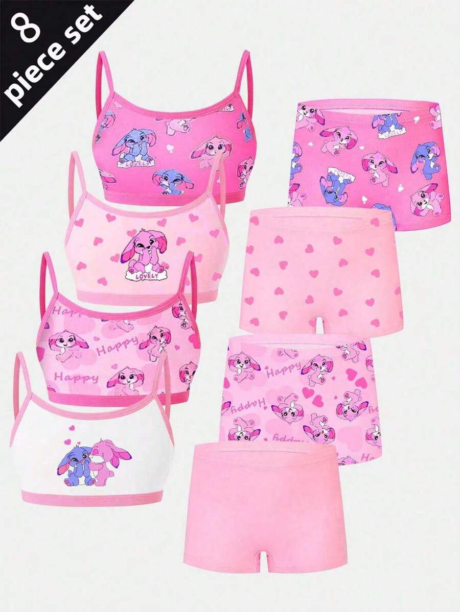 Sparklyn 4pcs Girls Love Bunny Print Vest Top And Briefs Underwear Set, Soft Lingerie Outfit Suitable For Valentine's Day And Easter