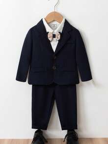 SHEIN 3pcs Baby Boy Gentleman Outfit Set: 2-In-1 Shirt Collar Blazer Jacket With Bow Tie + Pants Set, Suitable For Birthday Party, Christmas Party, Christening, 1st Birthday, Formal Occasion, New Year, Performance, And Wedding - Black - View 1