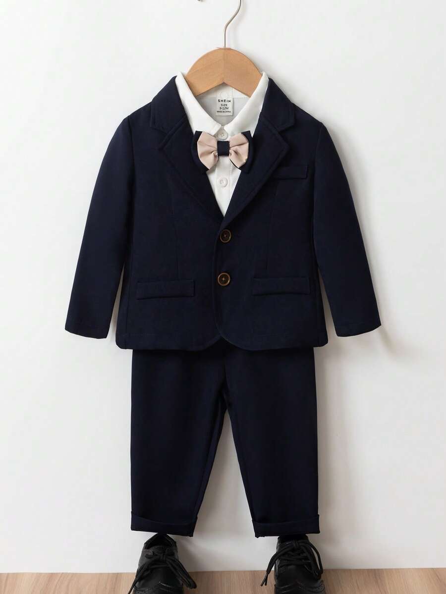 SHEIN 3pcs Baby Boy Gentleman Outfit Set: 2-In-1 Shirt Collar Blazer Jacket With Bow Tie + Pants Set, Suitable For Birthday Party, Christmas Party, Christening, 1st Birthday, Formal Occasion, New Year, Performance, And Wedding - Black - View 1