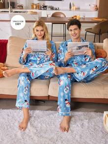 CoupledUp 男士可爱圣诞雪人雪花印花翻领缎面长袖上衣和裤子睡衣套装 情侣睡衣套装 秋冬服装 男士睡衣 - 藍色 - 查看 1