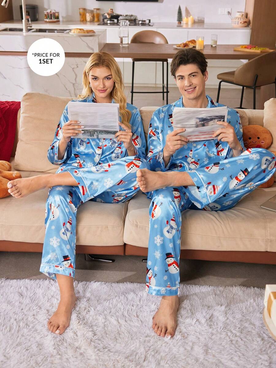 CoupledUp 男士可爱圣诞雪人雪花印花翻领缎面长袖上衣和裤子睡衣套装 情侣睡衣套装 秋冬服装 男士睡衣 - 藍色 - 查看 1