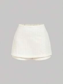 SHEIN MOD 女士优雅高腰米色粗花呢裙，音乐会，派对，优雅，复古，复古，音乐会，优雅，婚礼嘉宾生日高腰裙裤 - 杏色 - 查看 1