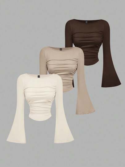 SHEIN MOD 3pcs Women Pleated Casual Square Neck Long Sleeve T-Shirt Set,Warm Clothes,Fall Women Outfits,Going Out Tops,Holiday Women Outfits,New Years,Brown Top