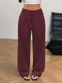 SHEIN Unity Quần ống rộng xếp ly đơn giản màu trơn cài nút phía trước dành cho nữ, thích hợp đi làm và đi chơi - Màu Đỏ Sâu - Xem 6