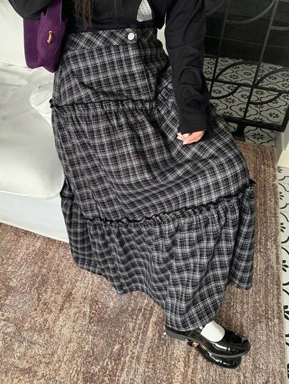 Dazy Plus 加大码 A 字格子裙，松紧腰，女士休闲长裙，春秋季