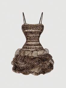 SHEIN MOD 女士豹纹荷叶边欧根纱迷你连衣裙、毕业礼服、茶会礼服、端庄礼服、舞会礼服、女士早午餐服装、复古、音乐会、万圣节、生日礼服、豹纹连衣裙、单肩豹纹连衣裙、泡泡裙 - 彩色 - 查看 3