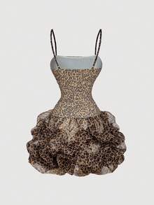 SHEIN MOD 女士豹纹荷叶边欧根纱迷你连衣裙、毕业礼服、茶会礼服、端庄礼服、舞会礼服、女士早午餐服装、复古、音乐会、万圣节、生日礼服、豹纹连衣裙、单肩豹纹连衣裙、泡泡裙 - 彩色 - 查看 2