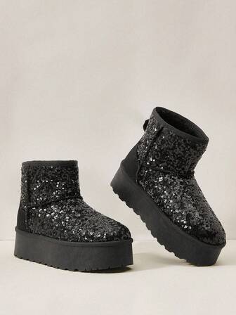 Cuccoo Women's Autumn/Winter Thick Warm Sequin Shiny Party Patchwork Round Toe Platform Anti-Slip Fashion Versatile Fairy Style Black Boots Snow Boots For Commuting & Outdoor For Christmas