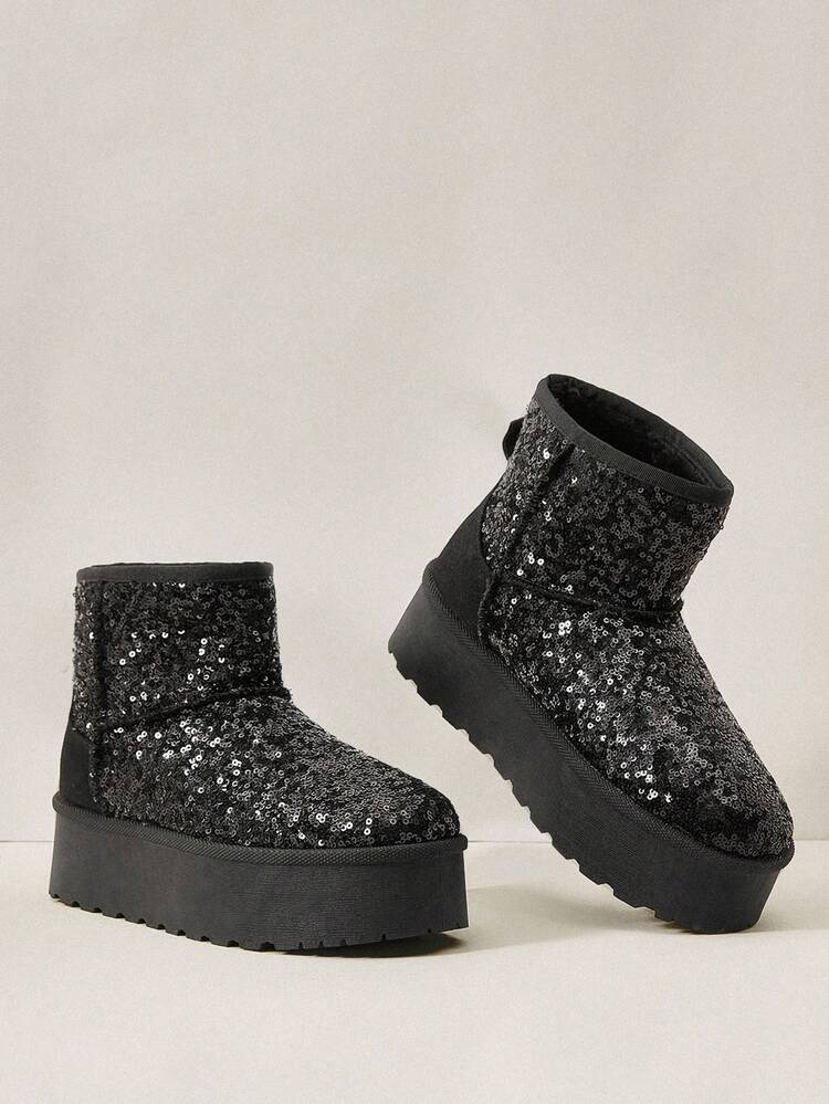 Women's Autumn/Winter Thick Warm Sequin Shiny Party Patchwork Round Toe Platform Anti-Slip Fashion Versatile Fairy Style Black Boots Snow Boots For Commuting & Outdoor For Christmas