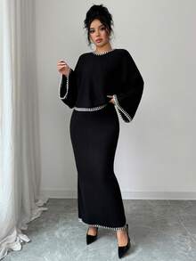 SHEIN Elenzya Damen Locker Lässig Fledermausärmel Top und Farbblock Rock 2 Stücke Strickset, Herbst/Winter - Schwarz - Übersicht 5