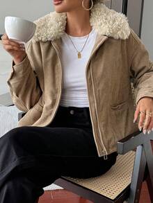DAZY 复古美式休闲仿毛领短款棉服外套，冬季 - 卡其色 - 查看 7