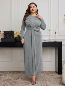 Modelyn Vestido de manga larga de cuello redondo minimalista y casual de unicolor para tallas grandes - Verde - Ver 4