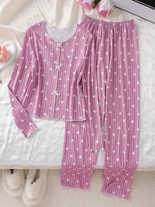 1 Conjunto de pijama para niña, top de manga larga color magenta y pantalones a juego, conjunto de 2 piezas de ropa de dormir, con diseño de rayas verticales con corazón y acento de lazo blanco, tela de punto suave y elástica, apta para ropa de dormir o uso casual, diseño sencillo para combinar fácilmente, ajuste cómodo para adolescentes