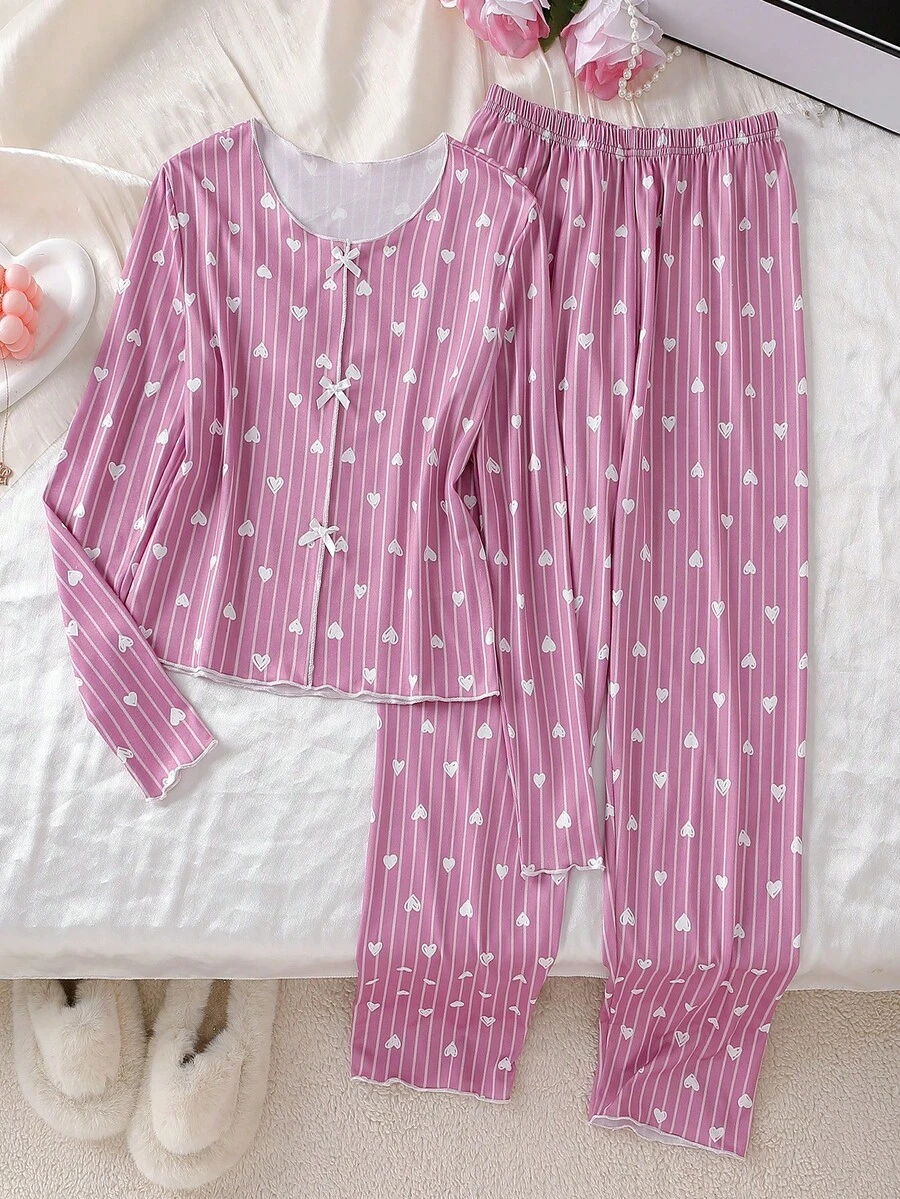 1 Conjunto de pijama para niña, top de manga larga color magenta y pantalones a juego, conjunto de 2 piezas de ropa de dormir, con diseño de rayas verticales con corazón y acento de lazo blanco, tela de punto suave y elástica, apta para ropa de dormir o uso casual, diseño sencillo para combinar fácilmente, ajuste cómodo para adolescentes