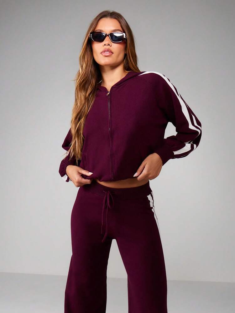 MISSGUIDED Oversized Knitted Hoodie And Wide Leg Pants Co-Ord Set With White Side Stripes For Casual Loungewear Christmas
