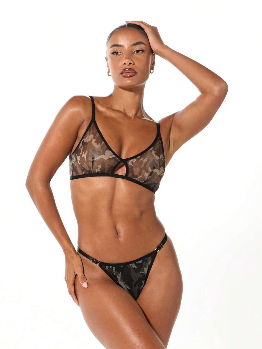 SUMWON WOMEN Camouflage Mesh Lace Bralette And Thong Set Intimates Lingerie