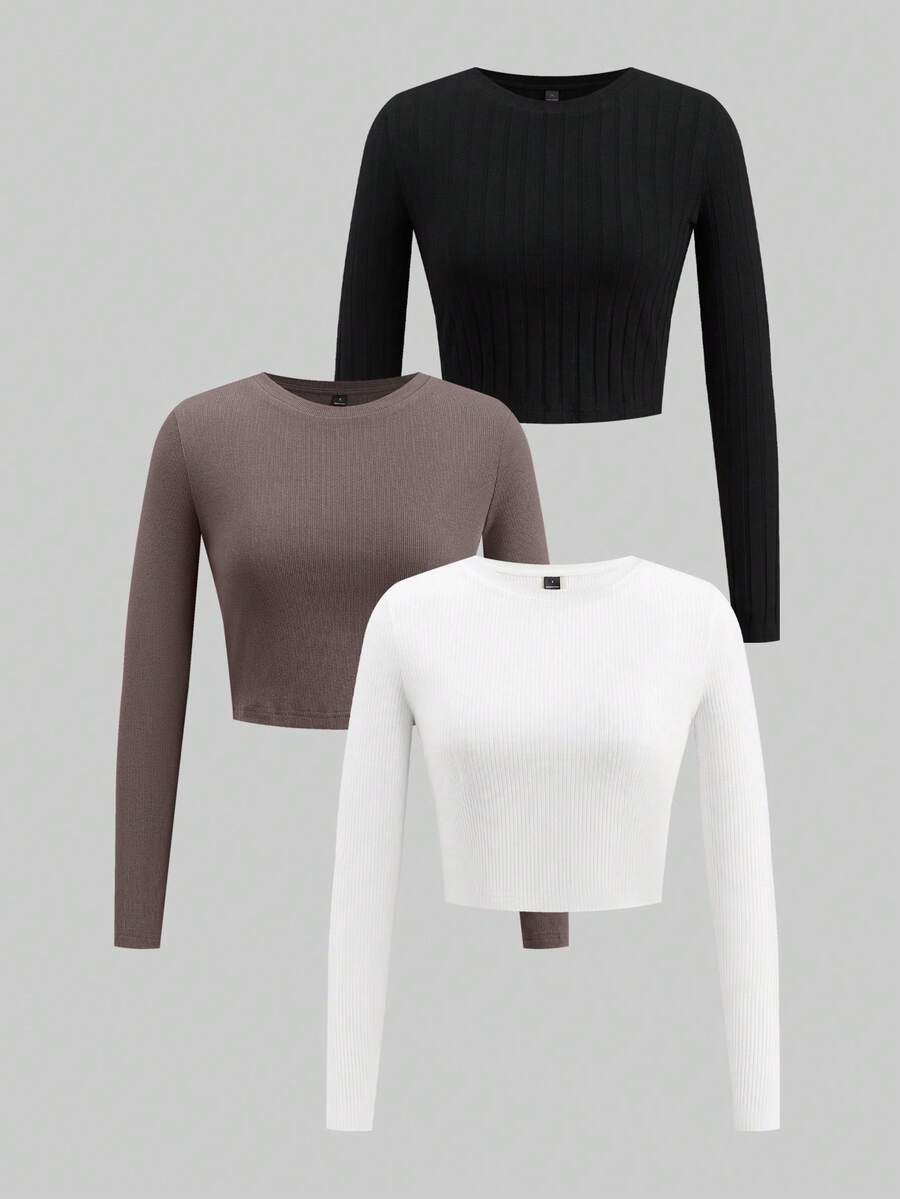 SHEIN EZwear 3 件套休闲简约罗纹纯色图案圆领长袖短款修身女式 T 恤,时尚舒适百搭 - 彩色 - 查看 1