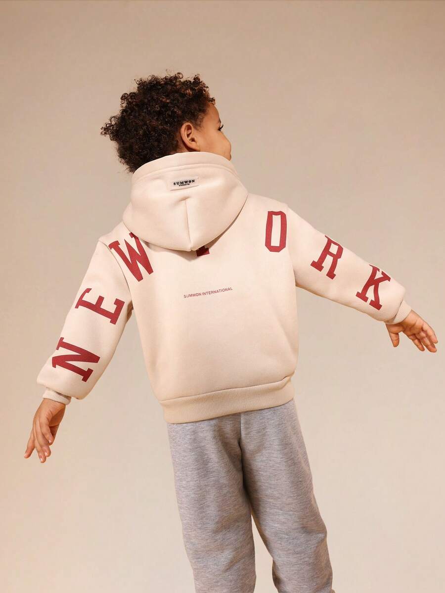 SUMWON Long Sleeve Hoodie And Centre Pocket Letter Print Casual Sweatshirt - Khaki - View 1