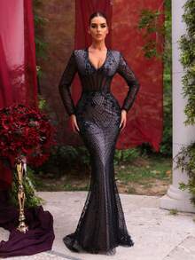 Glamrae 优雅迷人的黑色亮片刺绣 V 领宽肩长袖腰性感透明鱼尾下摆女式正式晚礼服 - 黑色 - 查看 2