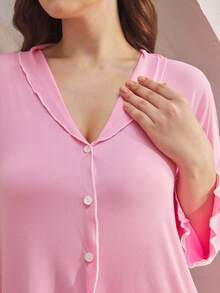 Ocili Plus Size Ribbed Comfortable Ruffle Collar Shell Button Nightgown, Fall & Winter, Cozy Outfit - Pink - View 4
