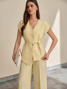 CLARA VERO Women Solid Color Two Pieces Suit Sets Blazers And Pants - Yellow - View 3