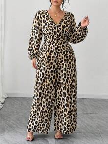 Elenzga 时尚秋冬法式复古休闲通勤束腰V领豹纹连体裤 - 咖啡棕 - 查看 5