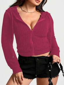 Calvaya Plus Size Casual Solid Color Zip-Up Drawstring Sweatshirt, Autumn - Hot Pink - View 3