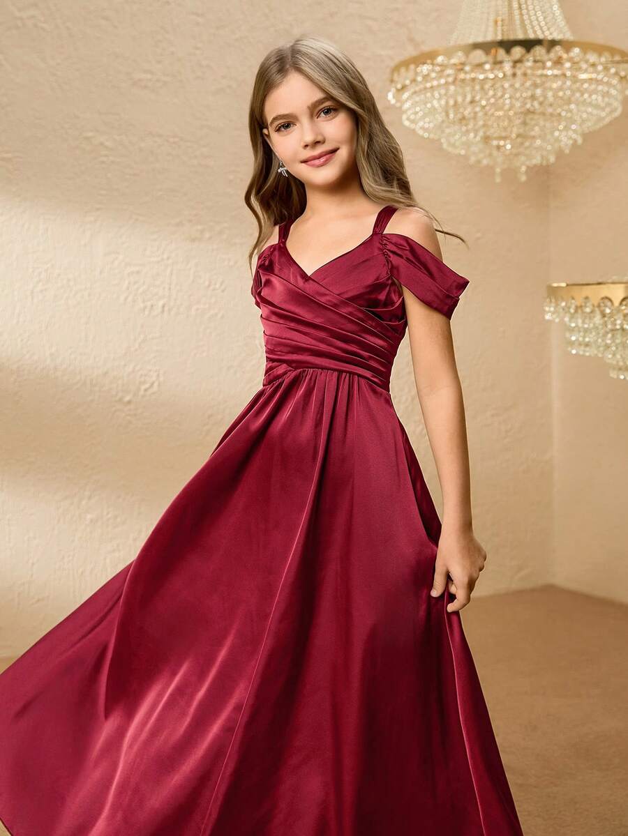 少女缎面露肩 A 字裙,带荷叶边袖,优雅花童礼服,适合婚礼、舞会、生日派对、万圣节、圣诞节 - 酒紅色 - 查看 1