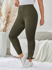 SHEIN LUNE 加大码镂空纯色健身紧身裤，非常适合运动装健身房女装 - 軍綠色 - 查看 5