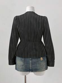 Sunspun Blusa de mujer talla grande con cuello en V profundo y ribete de encaje a rayas - Negro - Ver 2