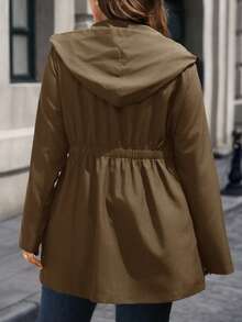 EMERY ROSE 大码女式秋季休闲拉链棕色连帽风衣，收腰轻便连帽风衣，带口袋，适合秋季、冬季、复古风、外出、圣诞节、新年等多种场合，也适合感恩节等节日穿着。 - 棕色 - 查看 2