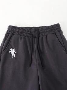 SHEIN 青少年女孩休闲运动裤，简约徽标图案，撞色口袋装饰，宽松阔腿针织慢跑裤 - 深灰色 - 查看 4