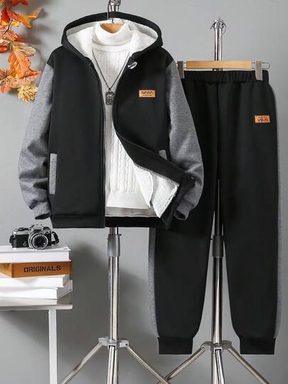 Set de 2 piezas de sudadera con capucha con cremallera y pantalones casuales para adolescentes, para uso al aire libre, forrados térmicos gruesos, con bloques de color y decoración con letras, adecuado para otoño/invierno