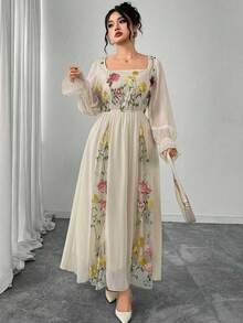 Modelyn Elegant Floral Embroidery Patchwork Plus Size Women Crew Neck Long Sleeve Dress - Yellow - View 6
