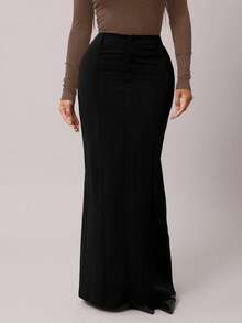 Radiana 女士灰色复古优雅简约修身直筒裙，通勤百搭 - 黑色 - 查看 4