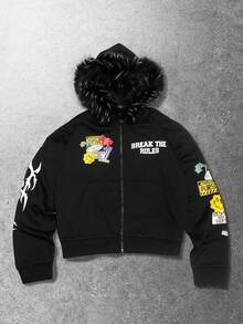 ROMWE MEN Grunge Punk 男士字母图案抓绒毛领连帽卫衣，宽松版型，冬季款 - 黑色 - 查看 1