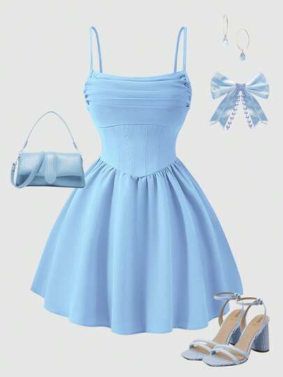 Vestido de tirantes de unicolor con diseño plisado de moda para adolescentes