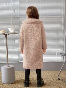 SHEIN 女童休闲珊瑚绒中长款翻领长袖夹克，适合冬季 - 卡其色 - 查看 5