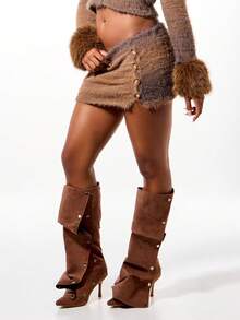 SUMWON WOMEN Fluffy Knit Mini Skirt With Buttons And Fur Cuff Details For Winter Fall - Brown - View 1